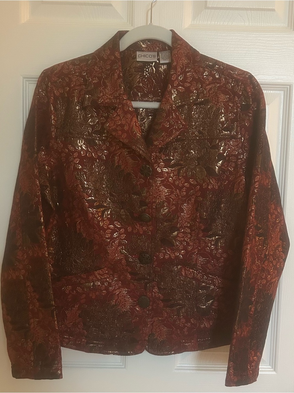 Chico's Metallic Copper-Red Floral Brocade Jacket